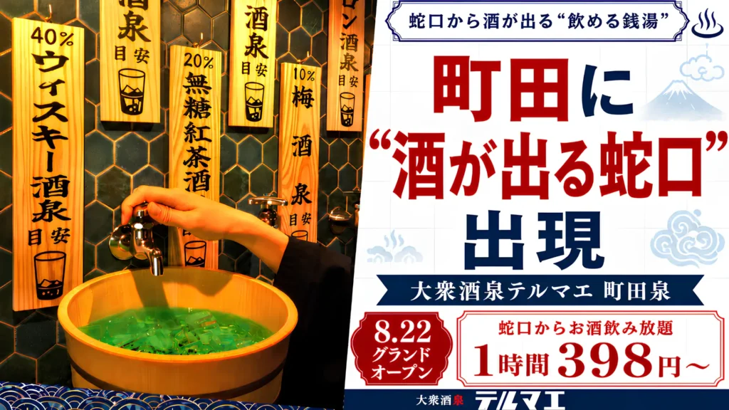 町田に酒が出る蛇口の”飲める銭湯”「大衆酒泉テルマエ町田泉」8月22日オープン。飲み放題1時間398円、料理35円〜。